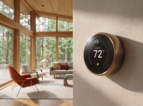 Modern smart thermostat displaying 72 degrees in cozy living room with natural light