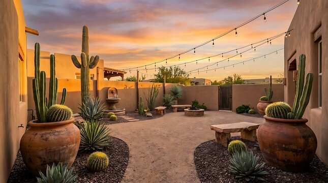 Beautiful southwestern desert courtyard with tall cactus plants and string lights at sunset hour time. arizona yard