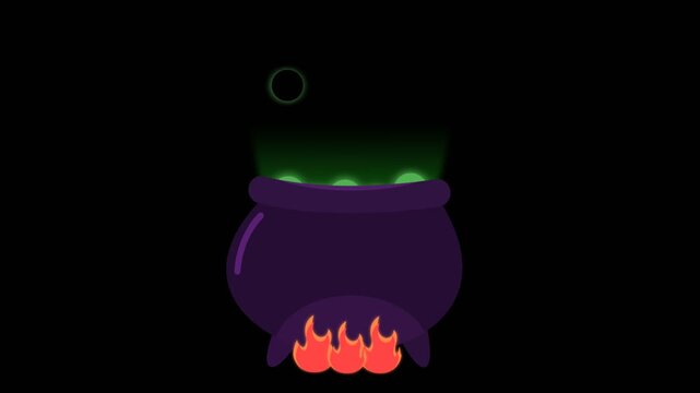 Animated purple witch cauldron with bubbling green magic potion and fire, 2D flat design Halloween motion graphic isolated on black