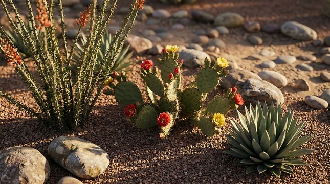 Green cactus and desert plants growing in a dry rocky garden with small gravel and warm sunlight. arizona yard