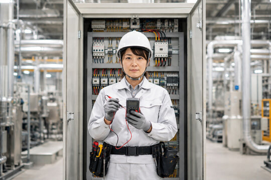 工場で配電盤を点検する女性電気工事士