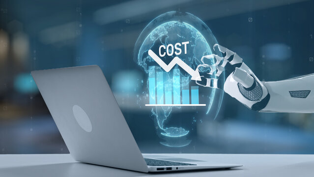 A robotic hand interacts with a digital graph on a laptop, symbolizing cost reduction in a modern office, showcasing technology, data, and innovation in business environments. Salient