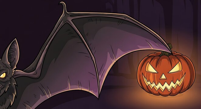 A fierce creature with massive dark wings lurks near a glowing carved pumpkin in the dark woods during an eerie autumn night full of mysterious shadows and supernatural elements