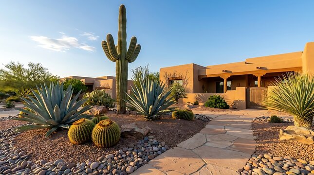 Tall saguaro cactus and desert plants in front of a beautiful luxury adobe home under a blue sky. arizona yard