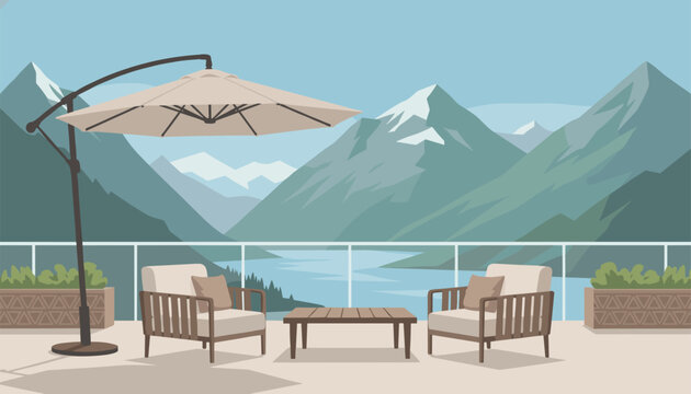 Modern outdoor terrace features two comfortable lounge chairs and a wooden table with a large umbrella overlooking a calm lake and mountain range.