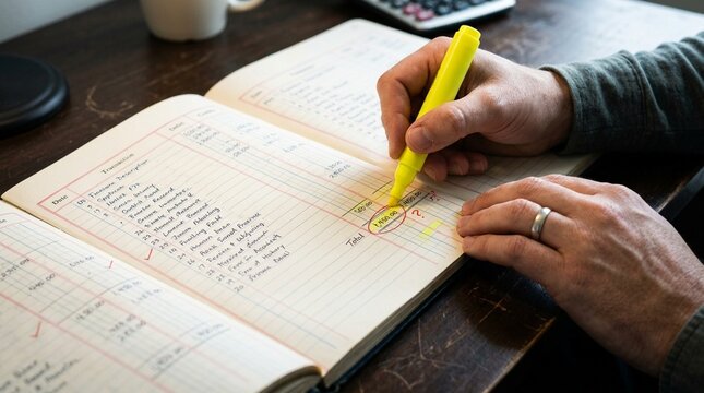 Hand highlighting a discrepancy in a ledger