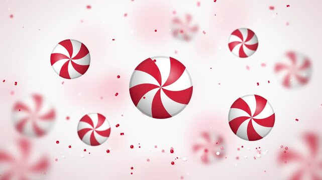 Candy Peppermint Swirls Animation, Red and White Christmas Candy Background, Sweet Treats Motion Graphic, Holiday Decorations, Festive Bokeh Effect, Fun and Playful Design