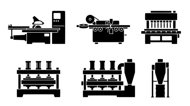 Minimalist industrial manufacturing machine vector icon set. Heavy machinery and sawmill equipment silhouettes for wood processing and factory production lines perfect for technical presentation.