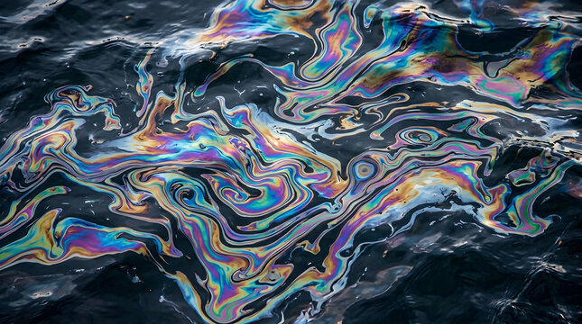 Iridescent oil spill on ocean water surface, rainbow chemical slick on dark sea waves, environmental pollution and industrial waste concept