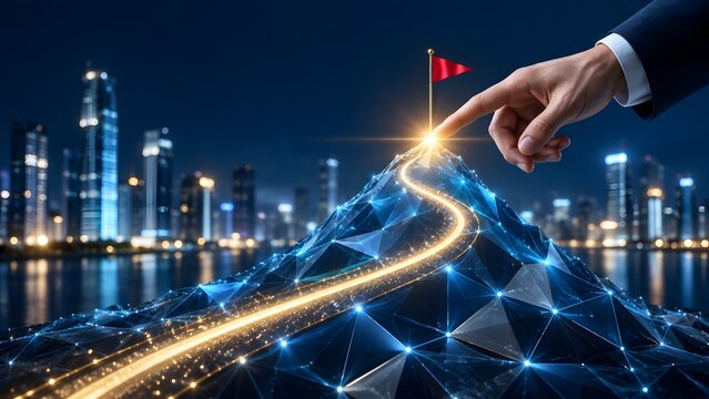 Businessman s finger points to success on a digital mountain peak with a red flag illuminated path and city skyline at night