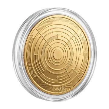 Golden futuristic coin with circuit patterns on transparent background
