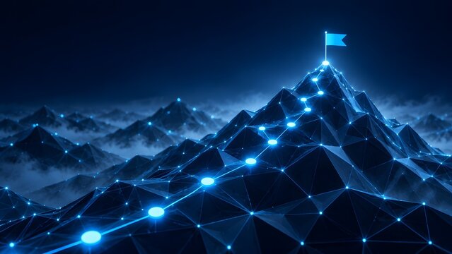Digital network connects mountain peaks with glowing nodes and a flag on summit symbolizing goal achievement and data connectivity