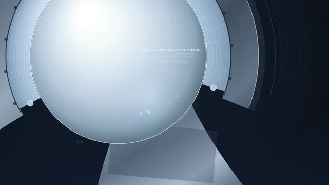 Futuristic schematic animation of a total hip arthroplasty prosthesis, showcasing modular biomaterial architecture, kinematic articulation, nanoscale tribology, and advanced ceramic friction technolo