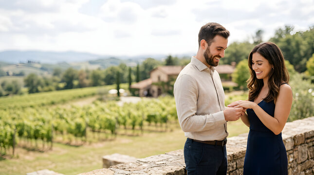 Man proposing with ring to woman in lush vineyard.