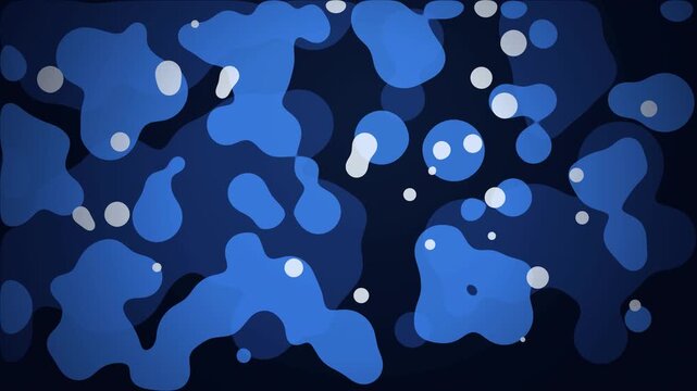 Modern fluid backdrop with morphing blue blobs and floating white dots, concept for biological cell simulation, ideal for website design, presentation backgrounds and creative motion graphics