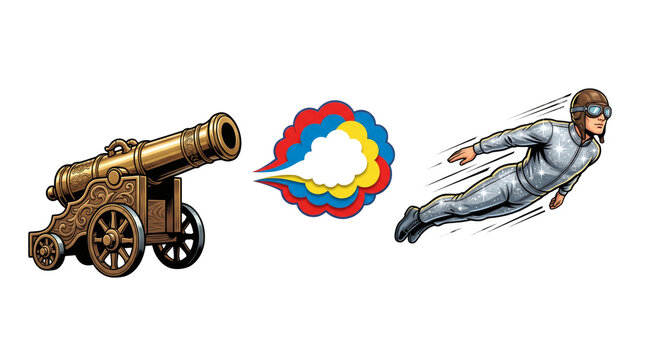 Vintage battlefield artillery and comic superhero icons: brass field cannon, smoke blast and hero. Action adventure fantasy combat graphic assets on pure white background template display.