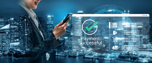 A modern woman stands against a city skyline while using her smartphone, showcasing a payment successful graphic, symbolizing the ease of digital transactions in urban life. Ledger © InfiniteFlow