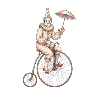 Whimsical vintage circus clown character riding a high-wheel penny farthing bicycle with umbrella. Retro big top carnival entertainment performer on pure white background template display.