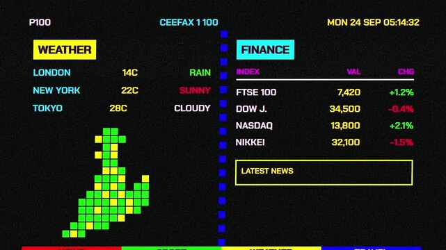 Retro Teletext Interface Animation : A vintage-style motion graphic simulating a classic 8-bit television teletext screen, featuring pixelated text, blocky graphics, and information categories like fi