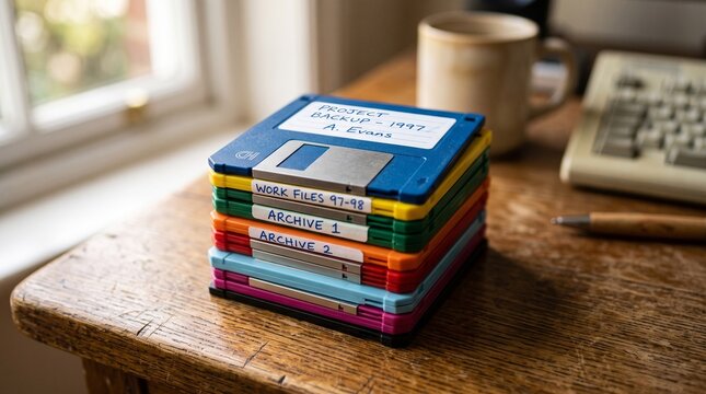 Stack of Floppy Disks: A colorful stack of retro floppy disks sits on a wooden desk, representing a nostalgic look at early computer data storage, with a keyboard and window in the background.