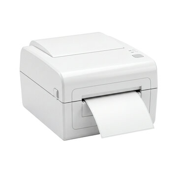 White desktop thermal label printer printing blank sticker on transparent background