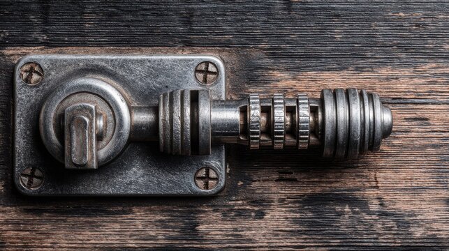 Vintage Silver Metal Combination Lock Mechanism with Visible Tumblers on Distressed Wooden Surface