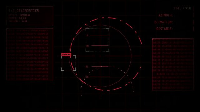 Terminator POV HUD Interface : A futuristic motion graphic featuring a red robotic vision overlay with targeting crosshairs and digital grids against a dark background