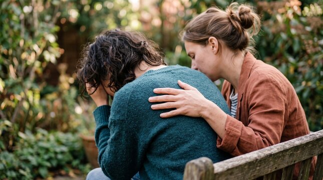 Close-up of a person with curly dark hair and a teal sweater sitting on a wooden bench, hunched over with their face in their hands, seemingly crying, while another person with light brown hair