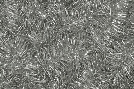 Silver tinsel festive background texture.