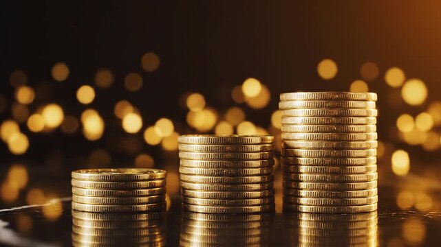 Three stacks of gold coins arranged from short to tall forming financial chart concept