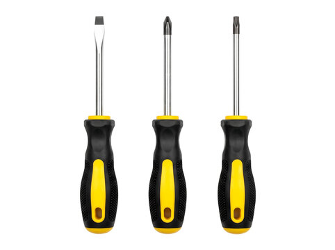 Three screwdrivers flathead phillips and torx isolated element on transparent background