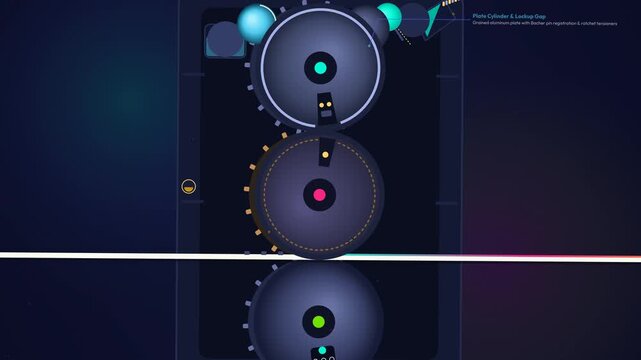 Detailed educational animation explaining the CMYK halftone offset printing process, showcasing plate cylinders, rosette floret patterns, and visual cortex spatial summation of continuous tones