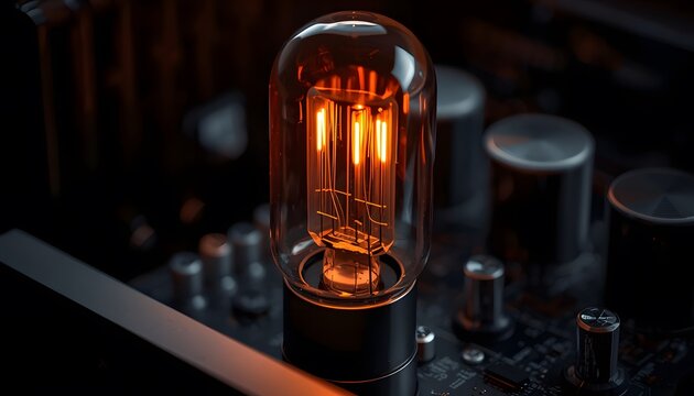 Vacuum tube filament glowing on circuit board in moody macro shot with shallow depth of field for audiophile and engineering marketing