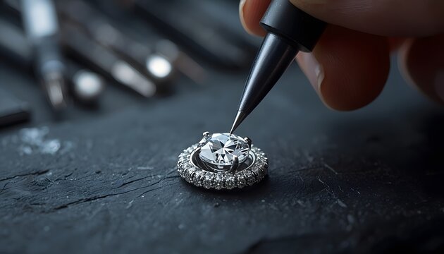 Diamond ring stone setting by a master jeweler on a dark workbench in selective focus for luxury jewelry craftsmanship marketing
