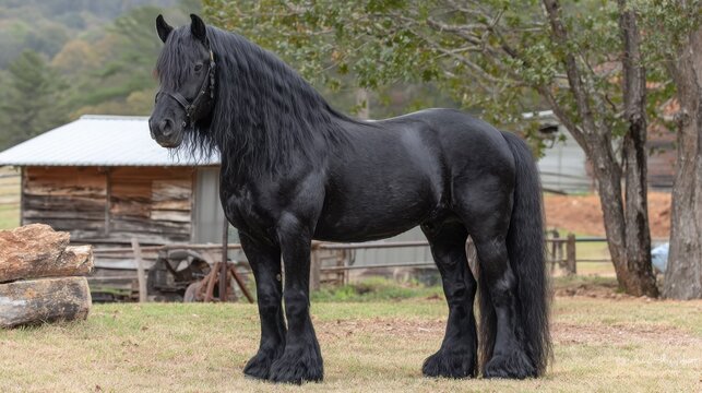 Magnificent Black Percheron Stallion With Flowing Mane Stands Proudly in a Rustic Farm Setting