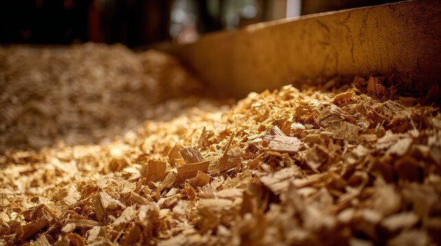 Close-up view of natural shredded wood fiber material used for bedding or insulation