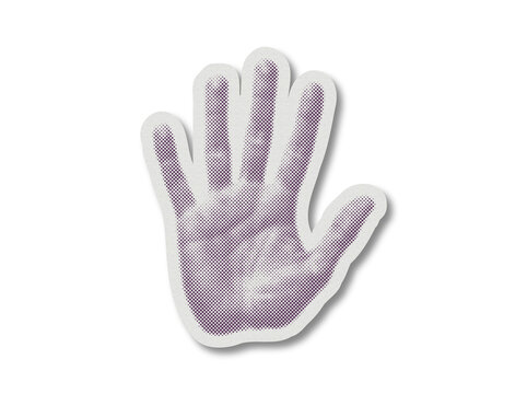 Halftone human handprint sticker element with white outline isolated on transparent background
