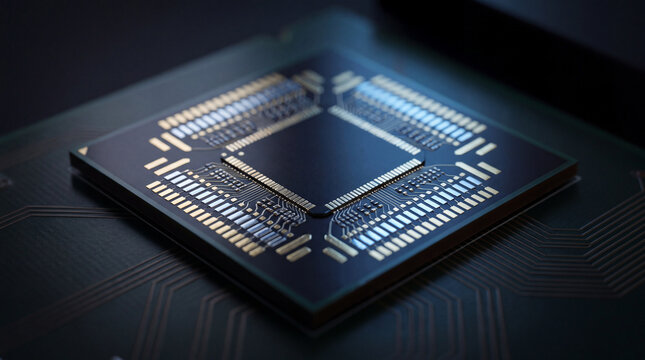 Microchip processor computer technology hardware electronic component resting on circuit board K