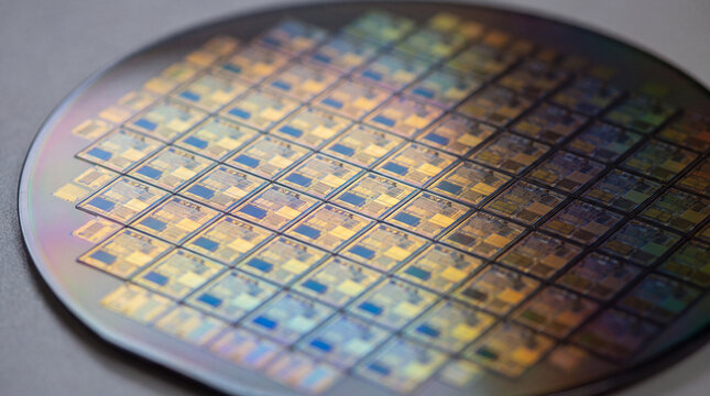 Silicon wafer integrated circuit microchip technology production hardware component detail showcasing engineering innovation