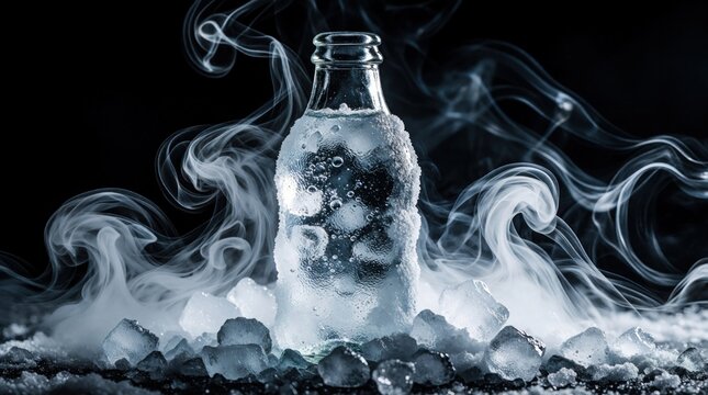 Frozen glass bottle with drink surrounded by ice cubes and swirling smoke on dark background. Refreshing cold beverage concept with bubbles and condensation on the container surface.