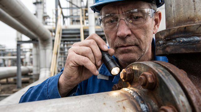 Focused engineer inspecting pipe maintenance repair work with flashlight feeling careful and attentive in an industrial factory setting