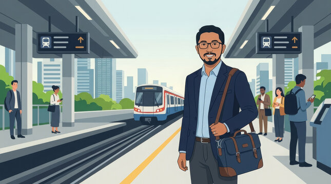 Flat illustration of an Asian businessman commuting on a train platform in a modern city environment