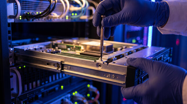 Professional technician securing server component for focus and efficient hardware maintenance in modern data center server room
