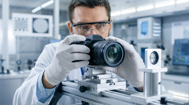 Focused scientist performing testing camera lens equipment in laboratory environment with concentration and professional precision