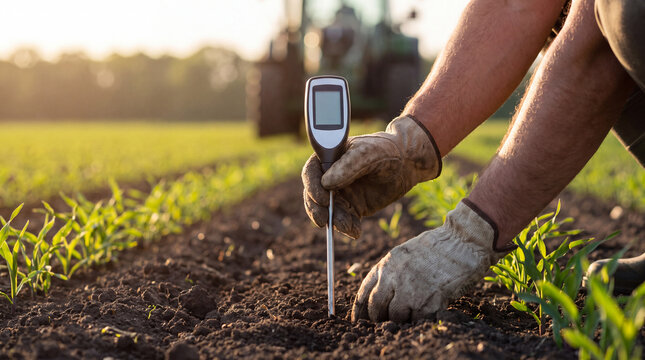 Farmer testing soil quality moisture probe agriculture corn field crops agricultural plant science research technology digital meter
