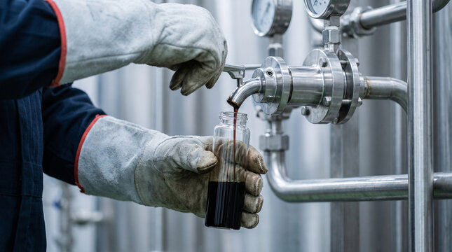 Professional worker carefully collecting petroleum sample from industrial faucet in laboratory, focused person performing oil testing