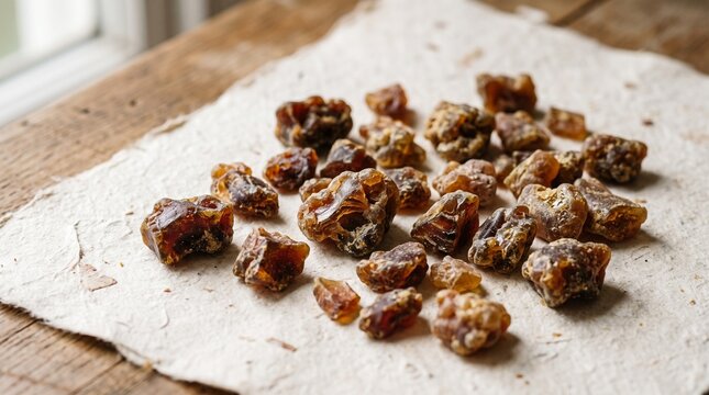 Dried Asafoetida Resin Pieces on a Natural Surface