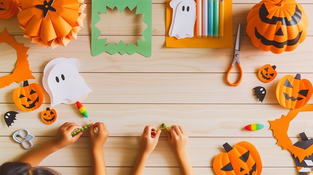 Children's hands crafting Halloween decorations with paper, pumpkins, and ghosts on a wooden background, flat lay top view with copy space
