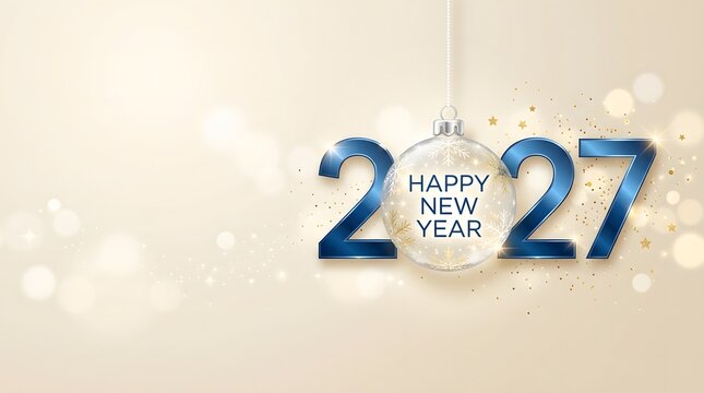 Modern Happy New Year 2027 banner featuring blue and gold 3D numbers with a hanging bauble ornament on a soft cream bokeh background.