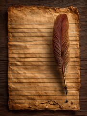 Obraz premium Vintage Feather Quill Pen and Ink Drop on Aged Lined Parchment Paper, Antique Wooden Desk Flat Lay for Letter Writing, Calligraphy and History Themes